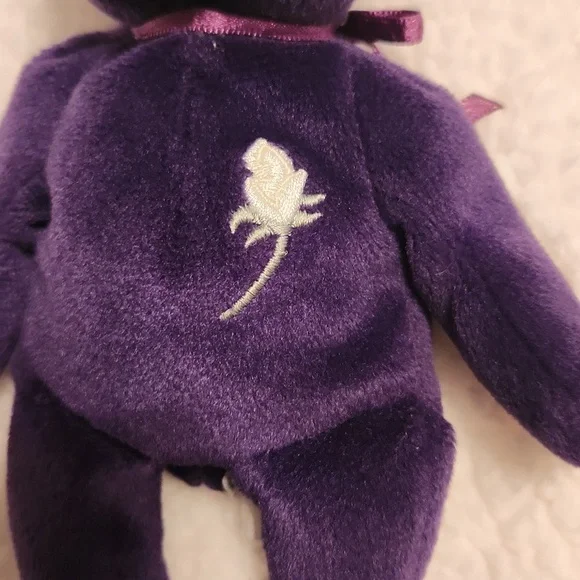 Vintage 90' Princess Diana Rosette Floral Embroidery TY Beanie Baby Purple Bear - Picture 2 of 10